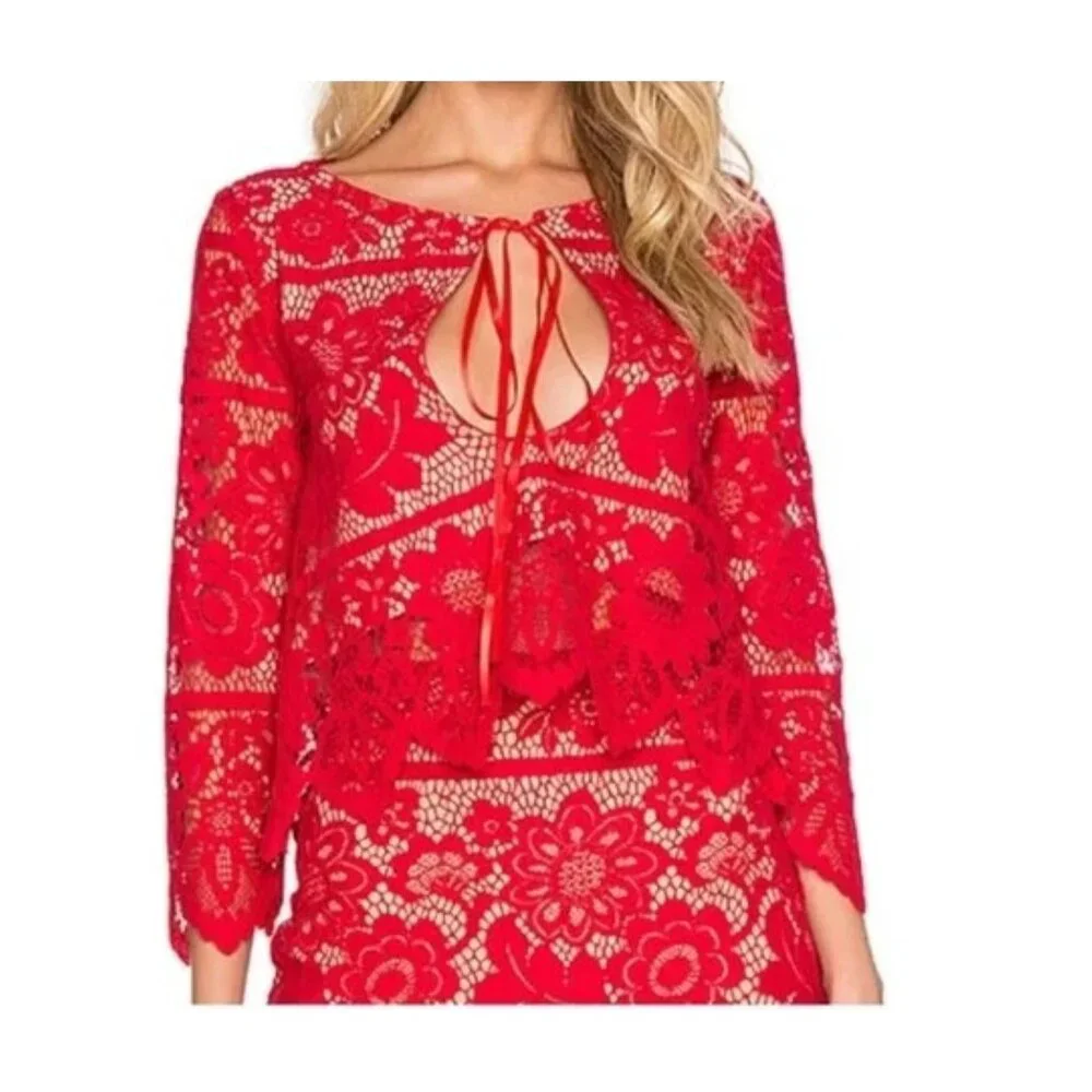 For Love and Lemons Gianna Lace Red Crop Top with Peep Hole Small
